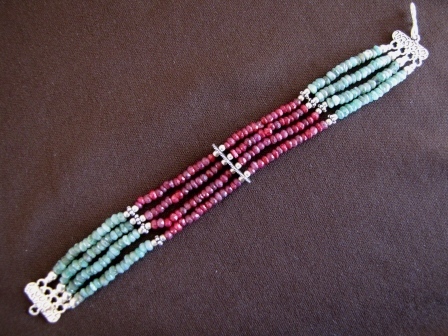 Silver Ruby and Emerald Bead Bracelet