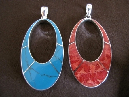 Silver Oval Turquoise or Coral Pendant