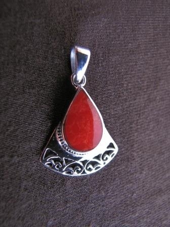 Silver Fan Shaped Red Coral Pendant