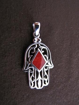 Silver Red Coral Hand of Fatima Pendant