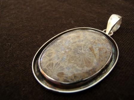 Oval Silver Fossil Coral Pendant
