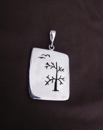 Rectangular Silver Tree & Birds Pendant