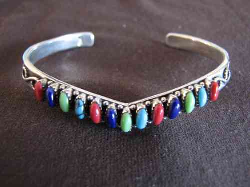 Silver Turquoise, Lapis, Coral Bangle