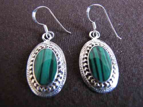 Silver Oval Green Malachite Earrings