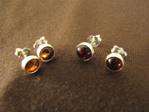 Silver Round Amber Stud Earrings
