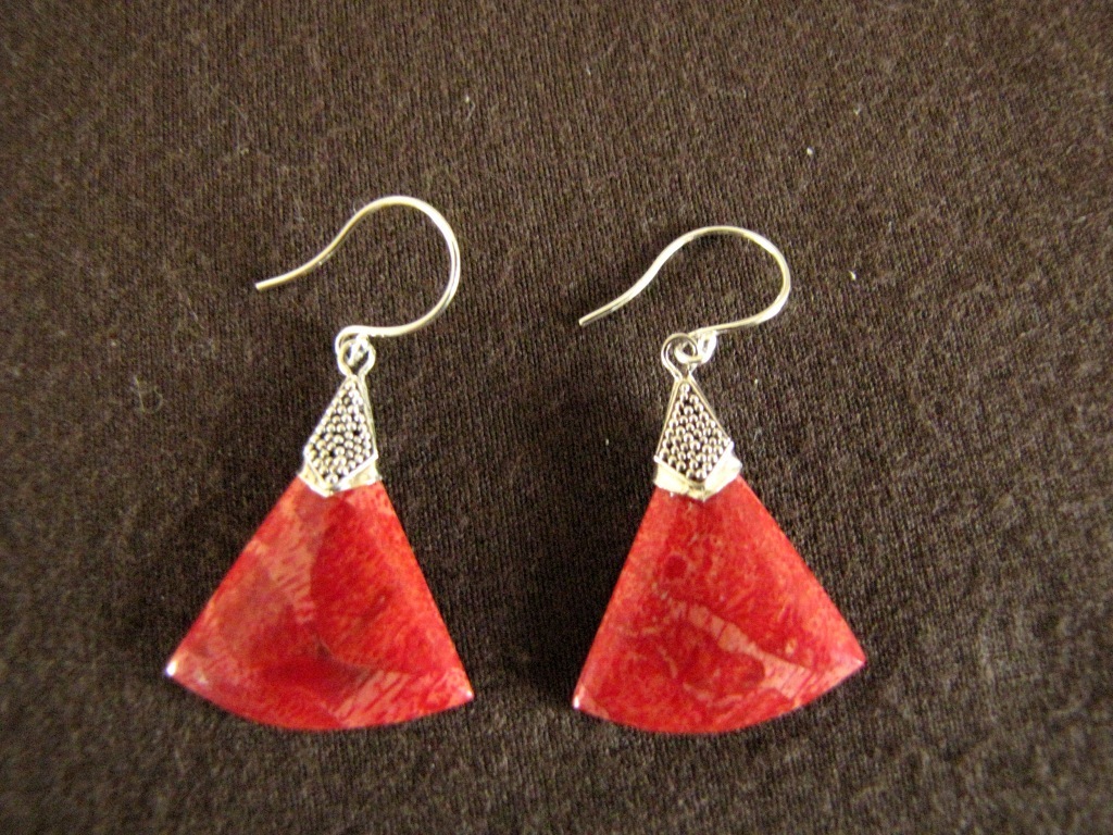 Silver Red Coral Segment Earrings - Silver Jewellery Sales