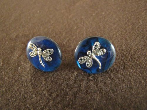 Silver Sea Blue Dragonfly Stud Earrings